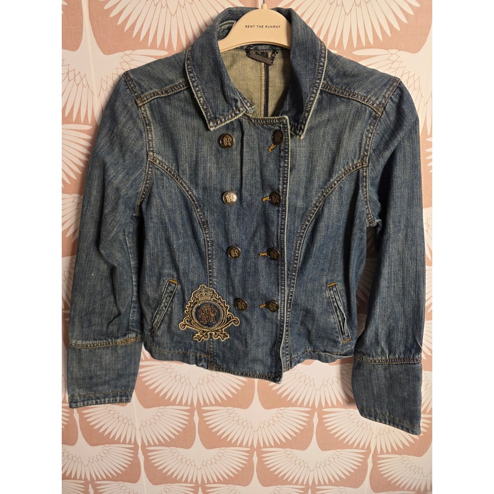 Vtg Express Womens M Denim Military Crest Jacket Double Breasted Size M y2k